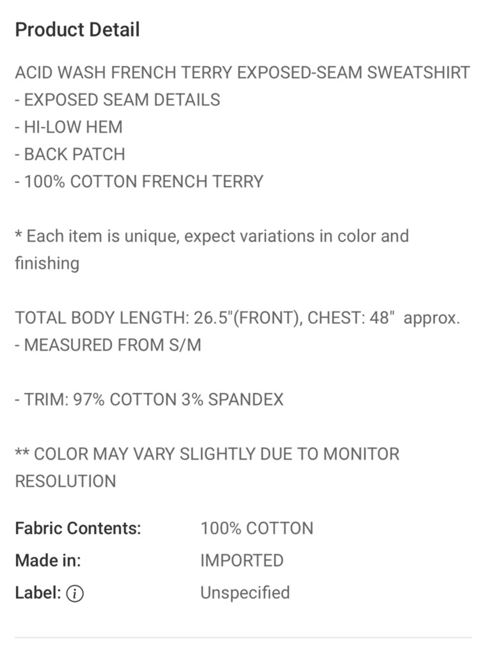 100% cotton Light Blue Mineral acid Wash Oversized Sweatshirt French Terry S/M - Picture 3 of 5